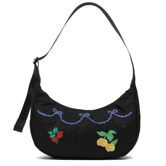 Baggu Medium Nylon Crescent Bag Bow Fruit Cross Stitch Black - Picture 1 of 2
